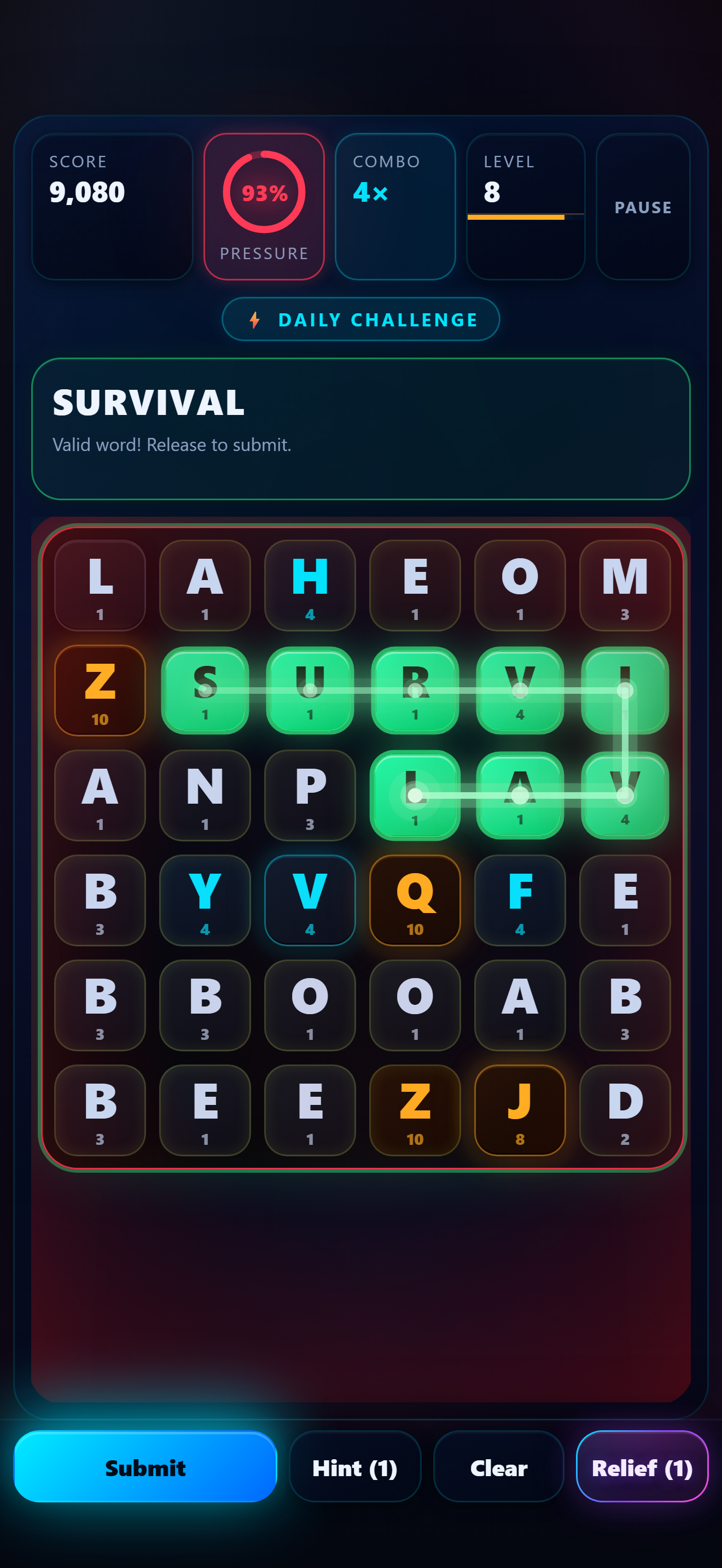 Ravel Daily gameplay showing a word being traced across the letter board